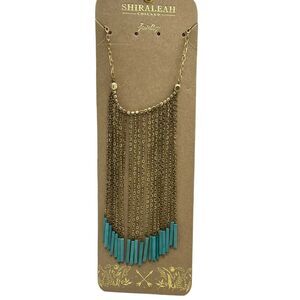 SHIRALEAH Fringe Necklace Gold Tone Turquoise Long Eulalia NWT Anthro Boho New
